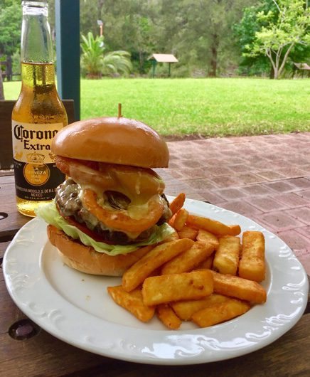Burger, chips and a cold beer on the verandah